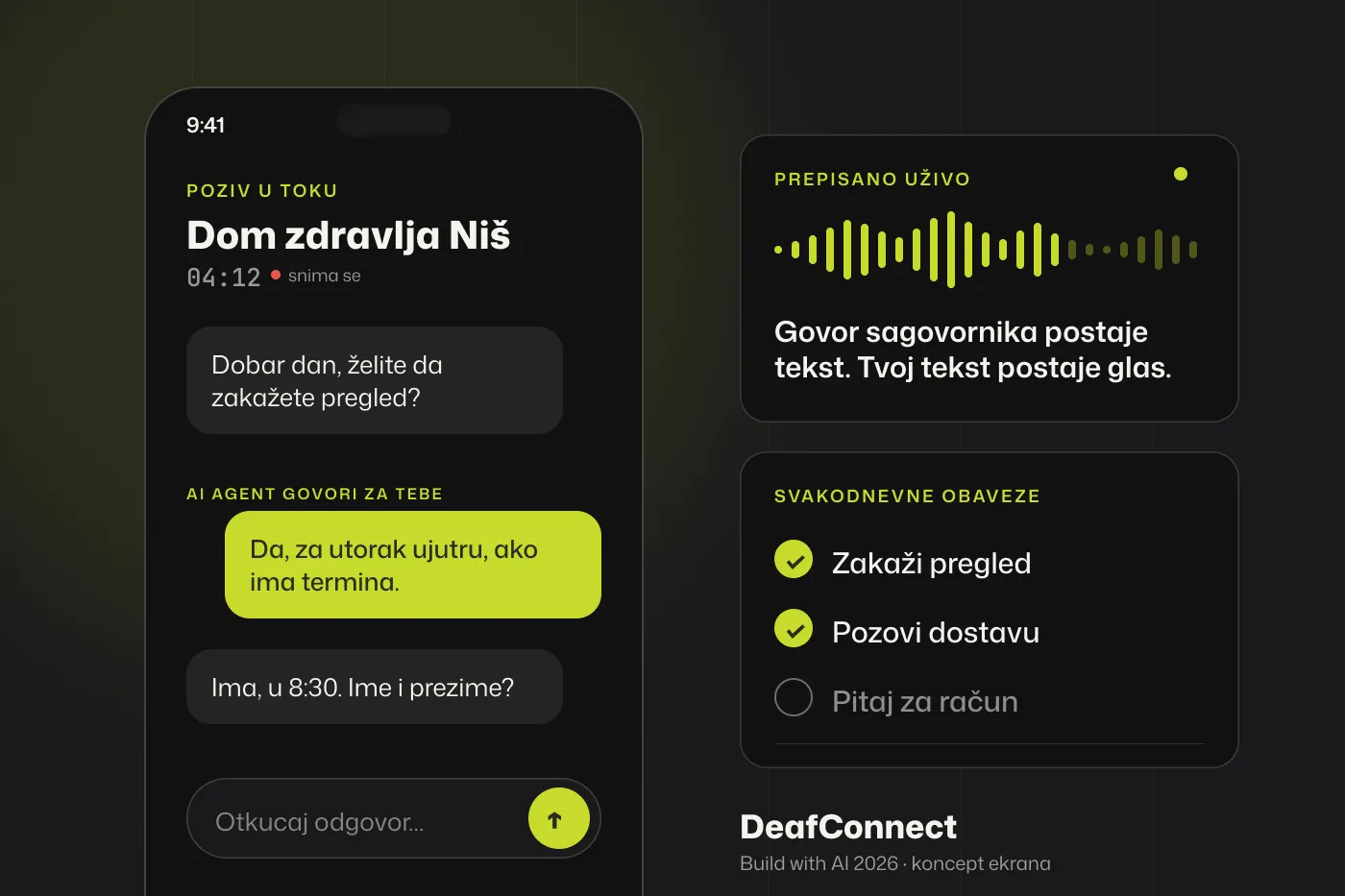 Koncept ekrana DeafConnect-a: poziv Domu zdravlja u kome AI agent izgovara otkucani odgovor, uz prepis govora uživo i listu svakodnevnih obaveza.