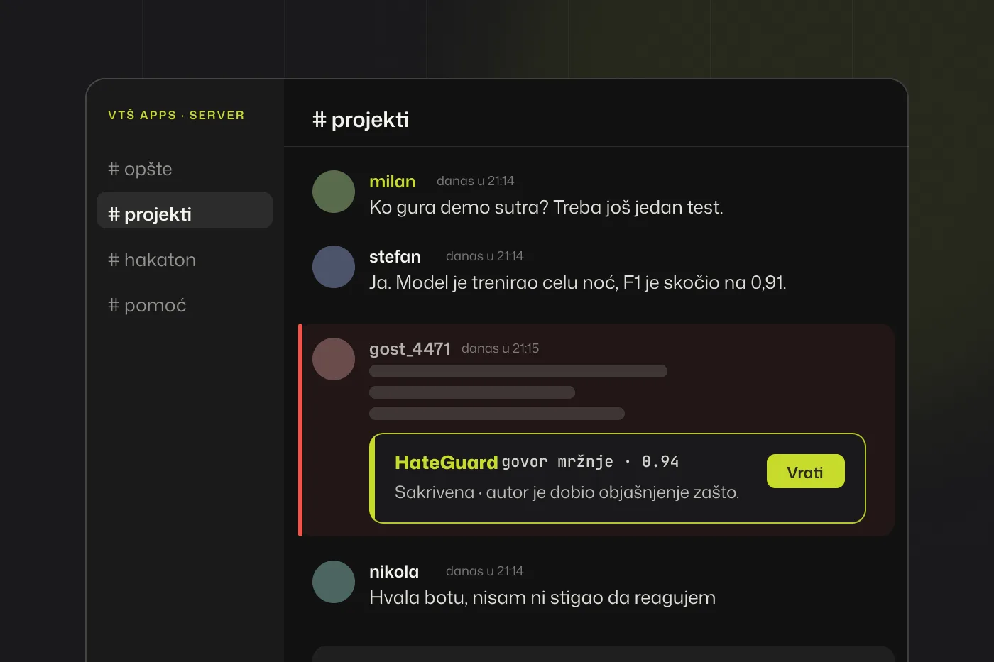 Koncept ekrana HateGuard-a: kanal za ćaskanje u kome je jedna poruka sakrivena, a kartica bota pokazuje ocenu govora mržnje 0,94 i dugme za vraćanje.
